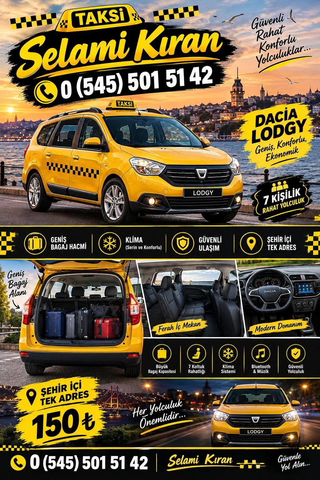 Sarı taksiyi ve 0545 501 51 42 numarasını gösteren Çınar Taksi Merzifon tanıtım afişi